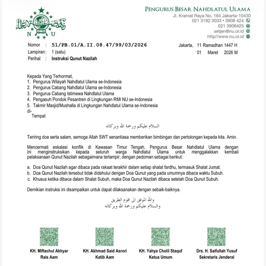 PBNU Instruksikan Warga Nahdliyin Laksanakan Qunut Nazilah Untuk Perdamaian di Timur Tengah
