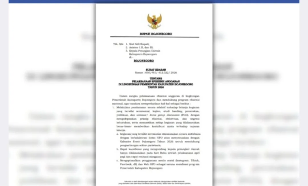 Bupati Bojonegoro Terbitkan Edaran Efisiensi Anggaran 2026 dan Wajibkan ASN Bersepeda ke Kantor