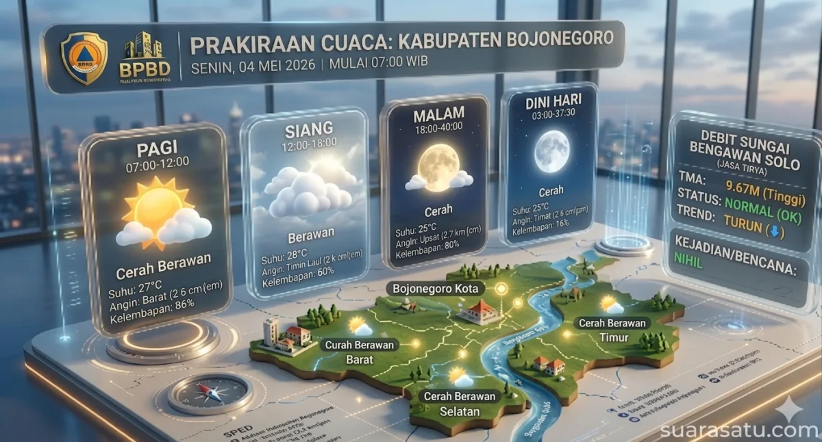 BPBD Bojonegoro: Cuaca Hari Ini Diprediksi Cerah Berawan, Debit Bengawan Solo Normal