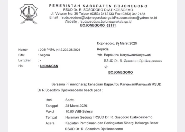 Potongan surat undangan kegiatan pembinaan internal RSUD Bojonegoro.